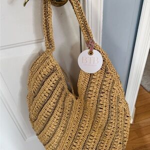 BTB Los Angeles Woven Straw Shoulder Harper Hobo Bag in Natural & Gold
